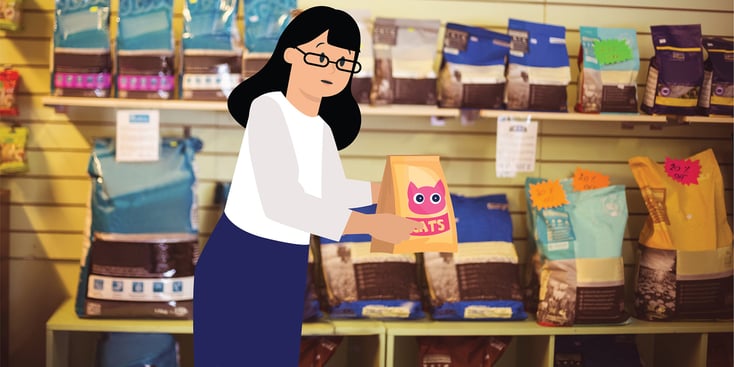 Woman reading a cat food bag illustration 