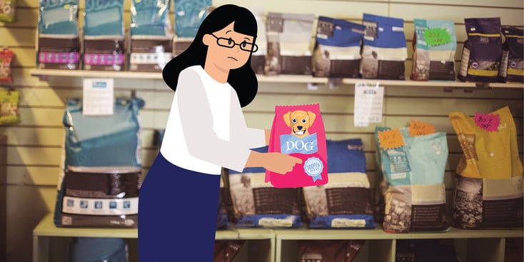 Woman reading a dog food bag illustration 