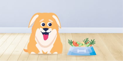 Dog with a bowl of vegetables illustration 