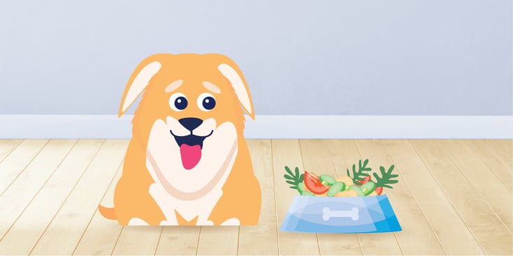 Dog with a bowl of vegetables illustration 