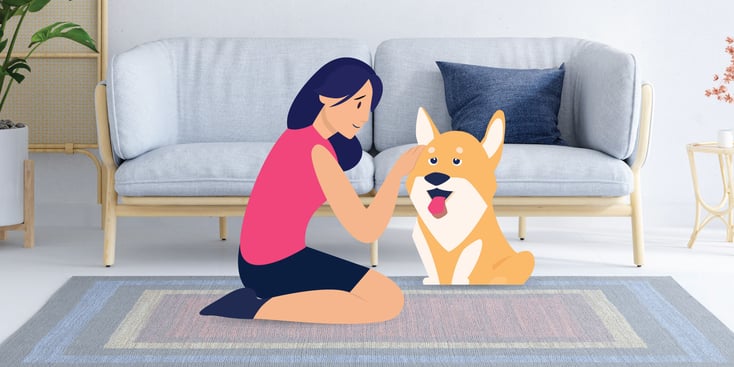 Woman petting her panting dog illustration 