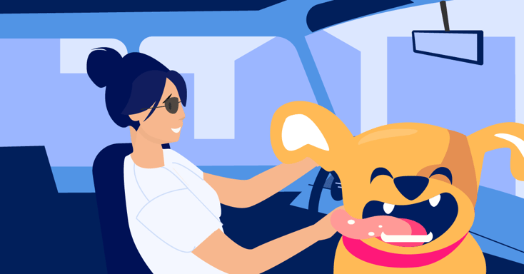 Dog in the car with a woman illustration 