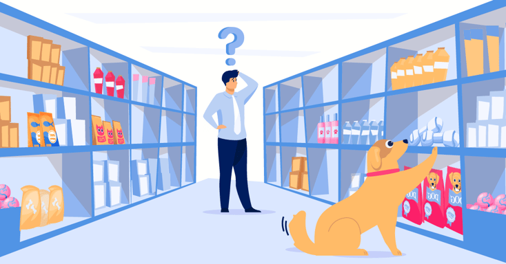 Owner confused in pet grocery store illustration 