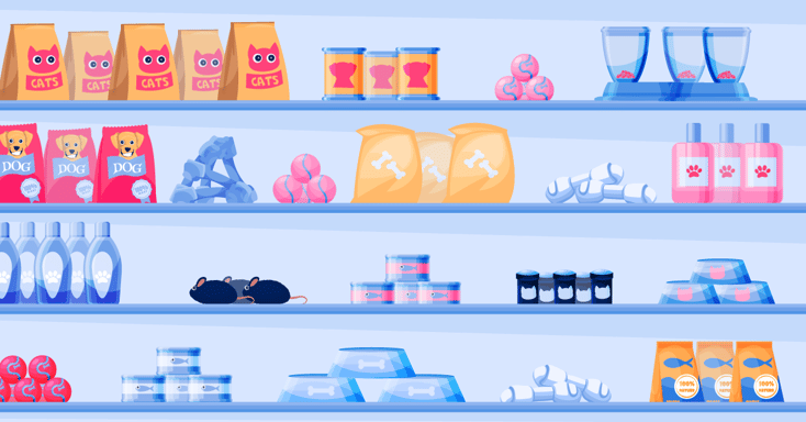 Shelves of pet food illustration.