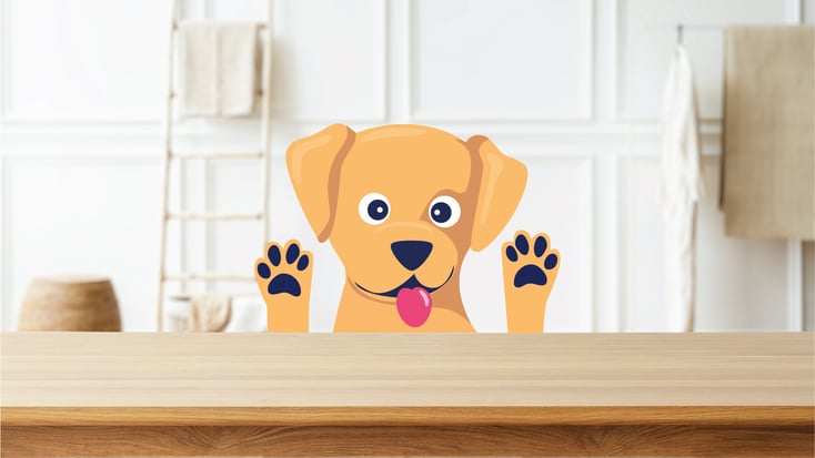 Illustration of a dog making a goofy face with its paws in the air.
