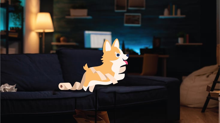 Puppy jumping off couch at night illustration