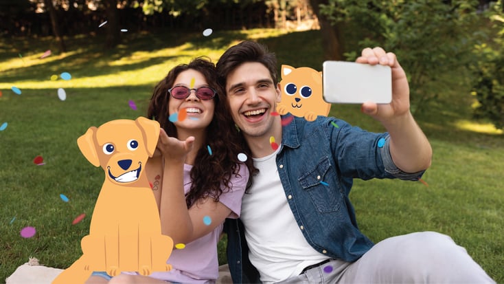 Smiling dog next to owners illustration 