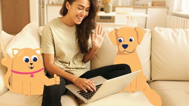 Woman on her laptop with pets illustration