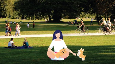 Woman with two puppies in the park illustration 