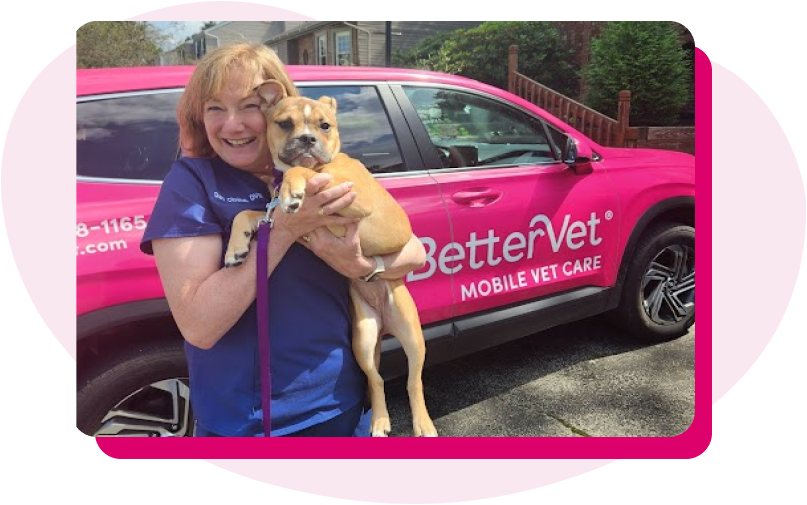 Dr. Cimino holding dog outside of house after an appointment.